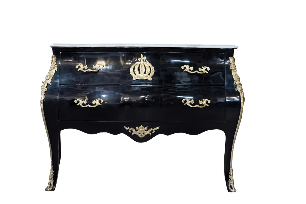 Letzte Chance Pompöös by Casa Padrino Barock Kommode mit 2 Schubladen und Marmorplatte Schwarz / Gold / Weiß - Pompööse Barock Kommode designed by Harald Glööckler
