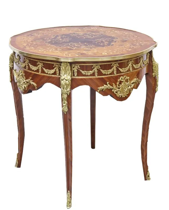 Casa Padrino Barock Beistelltisch Mahagoni Intarsien / Gold H78 x 76 cm - Ludwig XVI Antik Stil Tisch - Möbel Abverkauf