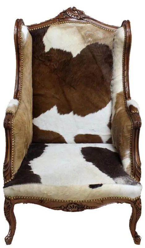 Barock Lounge Thron Sessel Kuhfell Mod3 - Ohren Sessel - Ohrensessel Tron Stuhl B Neuheit