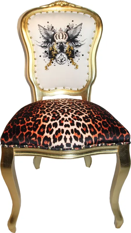 Pompöös by Casa Padrino Luxus Barock Esszimmer Stuhl Leopard / Weiß / Gold Glitzerkrone & Engelsflügel - Pompööser Barock Stuhl designed by Harald Glööckler Schneller Versand