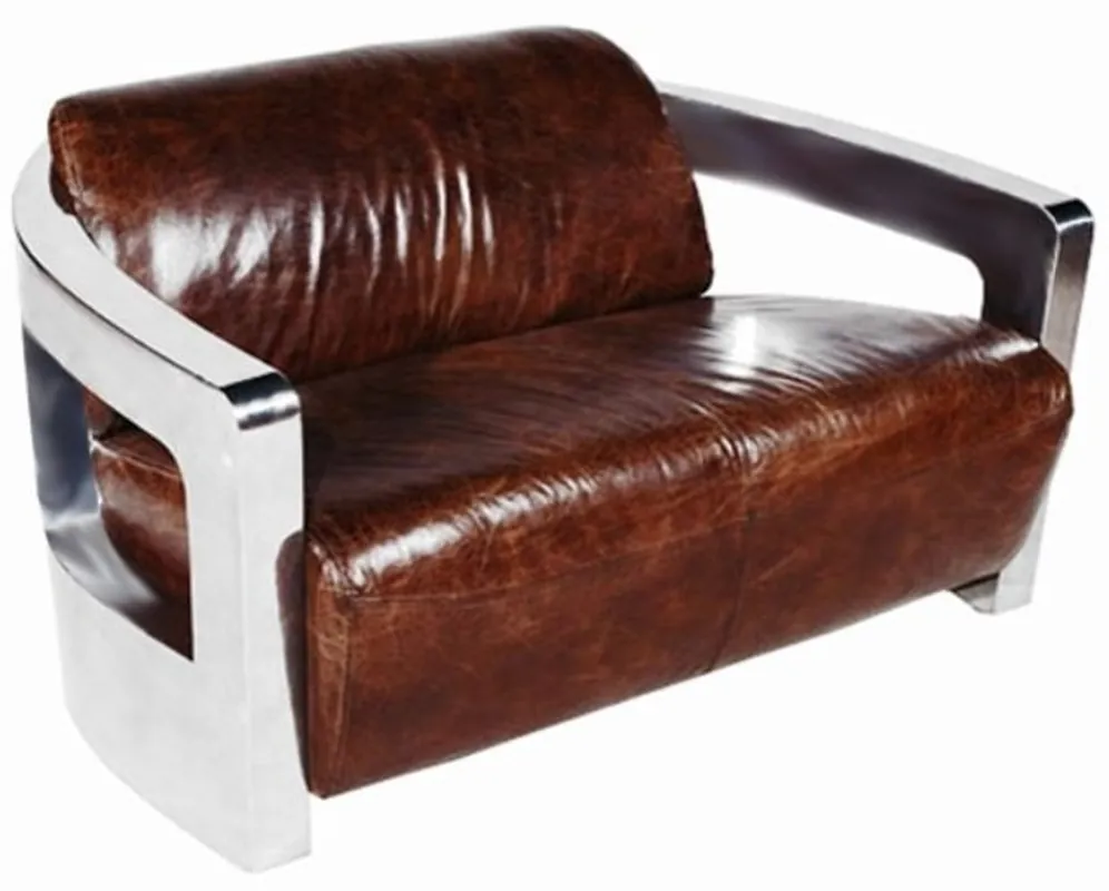 Casa Padrino Echtleder 2er Sofa Dunkelbraun / Silber 123 x 83 x H. 70 cm - Luxus Wohnzimmermöbel Neu