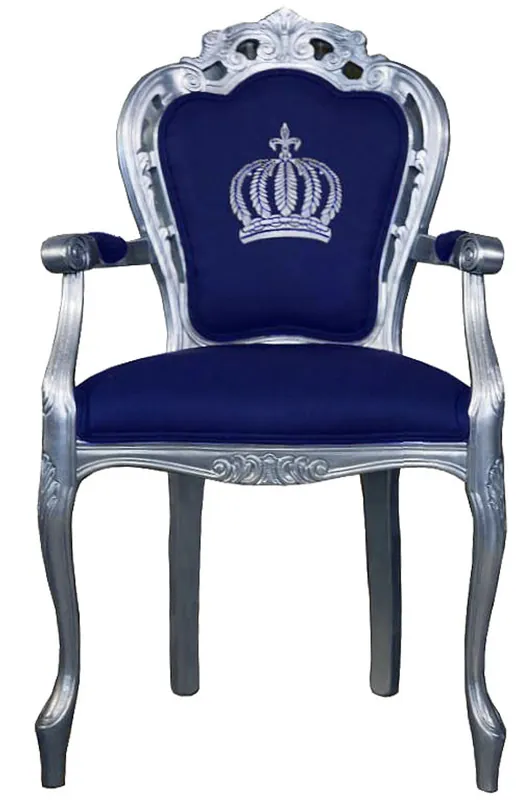 Pompöös by Casa Padrino Luxus Barock Esszimmerstuhl mit Armlehnen Blau / Silber - Pompööser Barock Stuhl designed by Harald Glööckler Markenprodukt