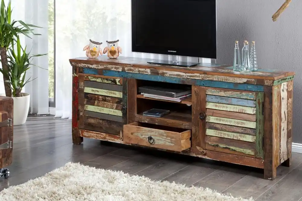 Casa Padrino Designer Sideboard Mehrfarbig B.150 x H.60 x T.40 - Fernsehschrank - Kommode - Handgefertigt - Massivholz Neu