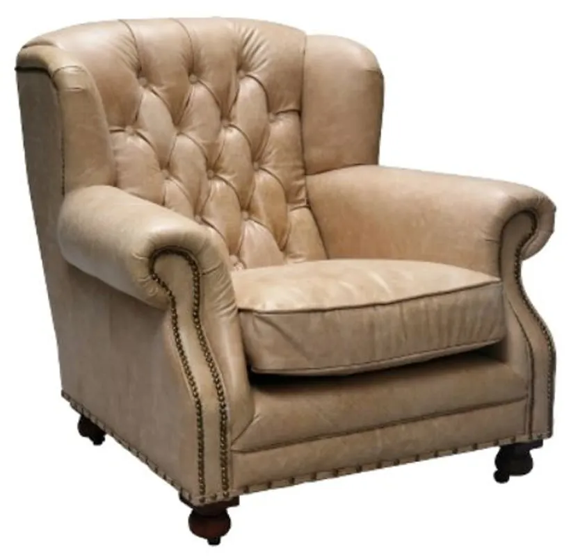 Casa Padrino Luxus Echtleder Sessel Beige 92 x 97 x H. 89 cm - Chesterfield Wohnzimmermöbel Bestpreis