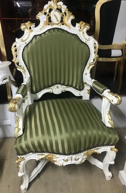 Markenware Casa Padrino Barock Luxus Thron Sessel Grün/Gold Streifen / Weiss/Gold - Unikat - Barock Möbel Thron Königssessel - Limited Edition