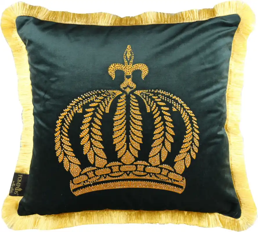 Kracherpreis Harald Glööckler Luxus Deko Kissen Pompöös by Casa Padrino Dunkelgrün / Gold Krone mit Strass Steinen - Glööckler Kissen
