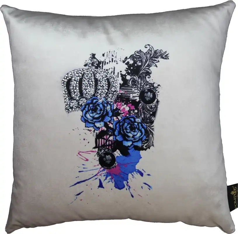 Harald Glööckler Luxus Deko Kissen Blaue Rosen Pompöös by Casa Padrino Creme / Schwarz Krone mit Strass Steinen - Glööckler Kissen Direktkauf