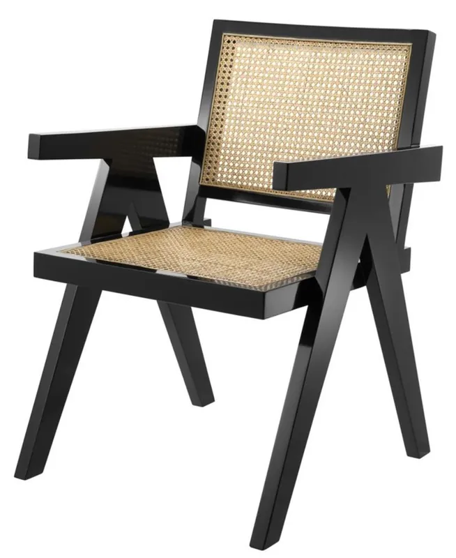 Billig Casa Padrino Luxus Esszimmerstuhl mit Armlehnen Schwarz / Naturfarben 58 x 66 x H. 88 cm - Luxus Kollektion
