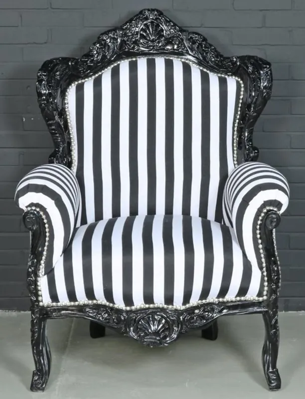 Casa Padrino Barock Sessel Schwarz / Weiß 85 x 85 x H. 120 cm - Barockstil Wohnzimmer Sessel mit Streifen Sonderaktion