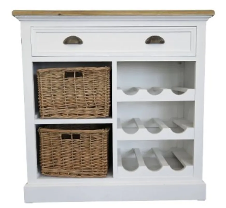 Casa Padrino Landhausstil Kommode mit Schublade und 2 Rattankörben Antik Weiß / Naturfarben 80 x 35 x H. 80 cm - Handgefertigte Kommode mit Flaschenablage Online Kaufen