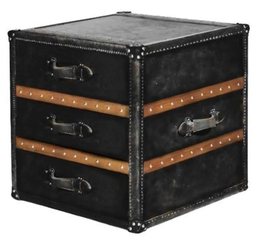 Preis Gesenkt Casa Padrino Luxus Beistelltisch mit 2 Schubladen Schwarz / Braun 52 x 48 x H. 50 cm - Handgefertigter Beistelltisch im Kofferlook