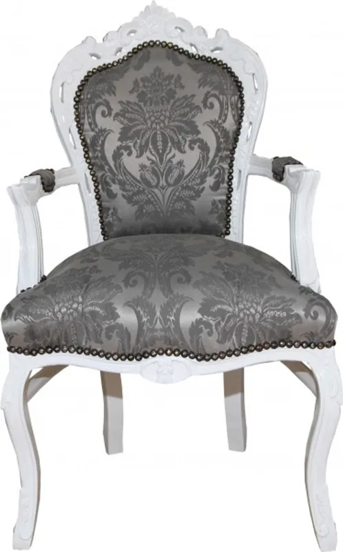Online Kaufen Casa Padrino Barock Esszimmer Stuhl mit Armlehnen Grau Muster / Weiß - Antik Möbel