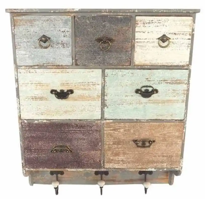 Expressversand Casa Padrino Landhausstil Wandregal mit 7 Schubladen und 3 Haken Antik Grau / Mehrfarbig 58 x 15 x H. 69 cm - Shabby Chic Möbel