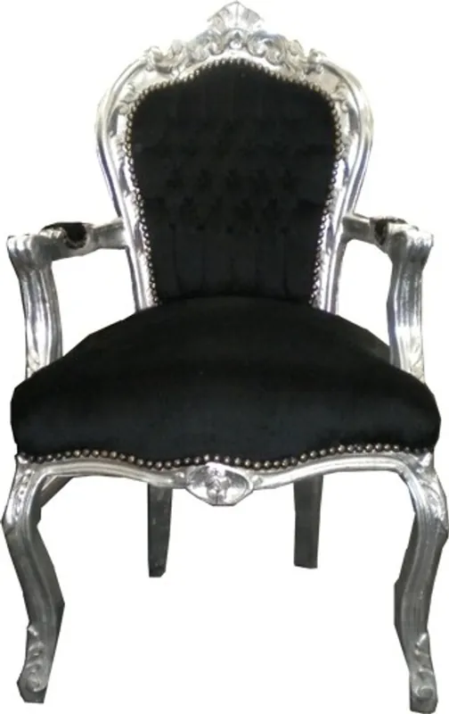 Preisreduziert Casa Padrino Barock Esszimmerstuhl Schwarz/Silber mit Armlehnen - Möbel Barock Stuhl