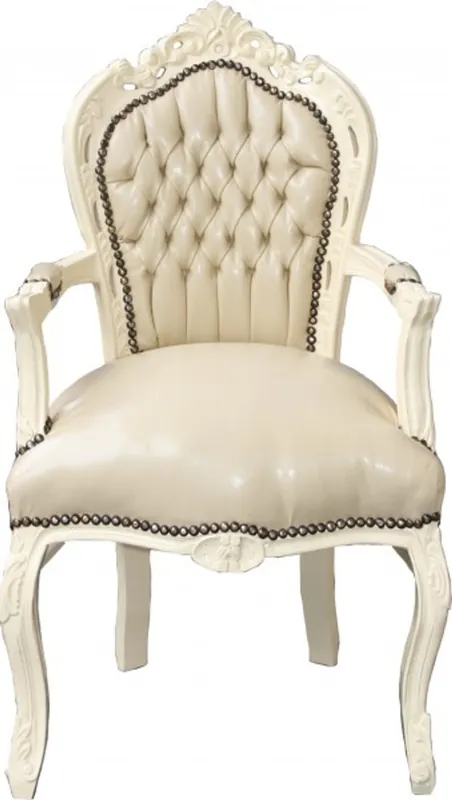 Casa Padrino Barock Esszimmerstuhl mit Armlehnen Creme / Creme - Möbel Barock Stuhl Günstig
