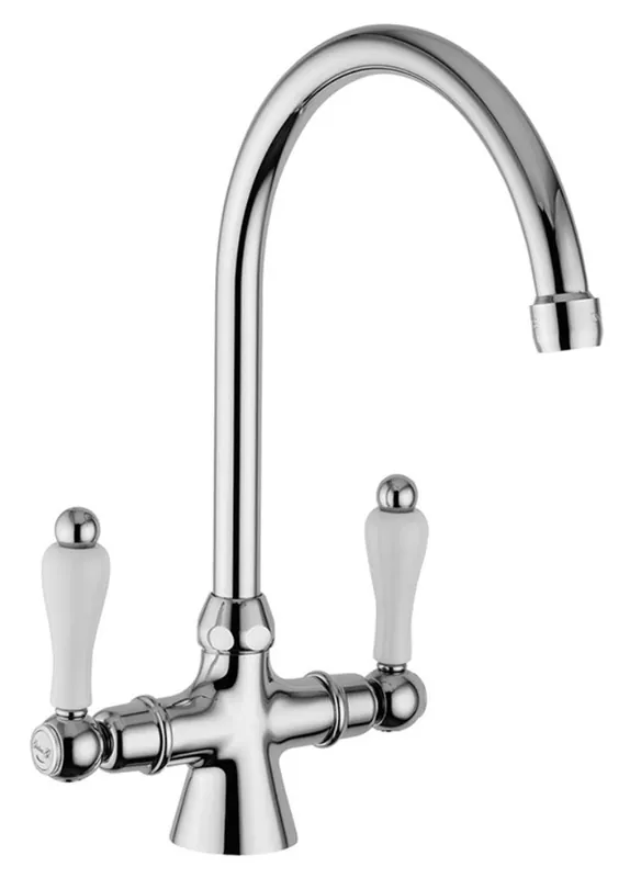 Jugendstil Retro Spültischarmatur Silber / Weiß H. 30,5 cm - Zweihebelmischer für Spülbecken Made in Italy Garantierte Lieferung