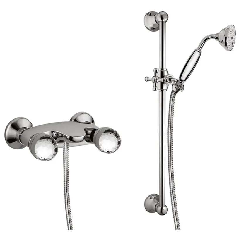 Luxus Duschgarnitur mit Swarovski Kristallglas Silber - Badezimmer Brauseset mit Brausestange Highlight