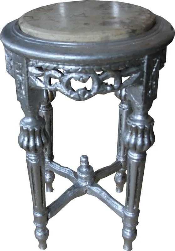 Casa Padrino Barock Beistelltisch Rund Silber / Creme mit Marmorplatte 32 cm x H. 53 cm Antik Stil Neue Ware