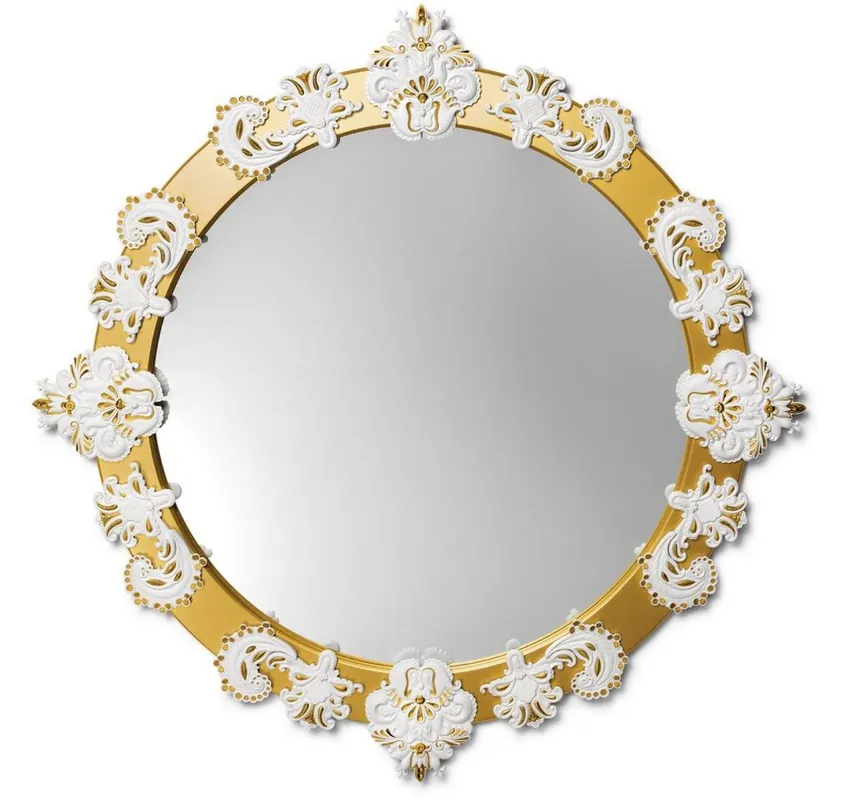 Casa Padrino Designer Wandspiegel Gold / Weiß Ø 124 cm - Luxus Spiegel mit handgefertigter Porzellan Deko aus feinstem Spanischen Porzellan Top-Angebot