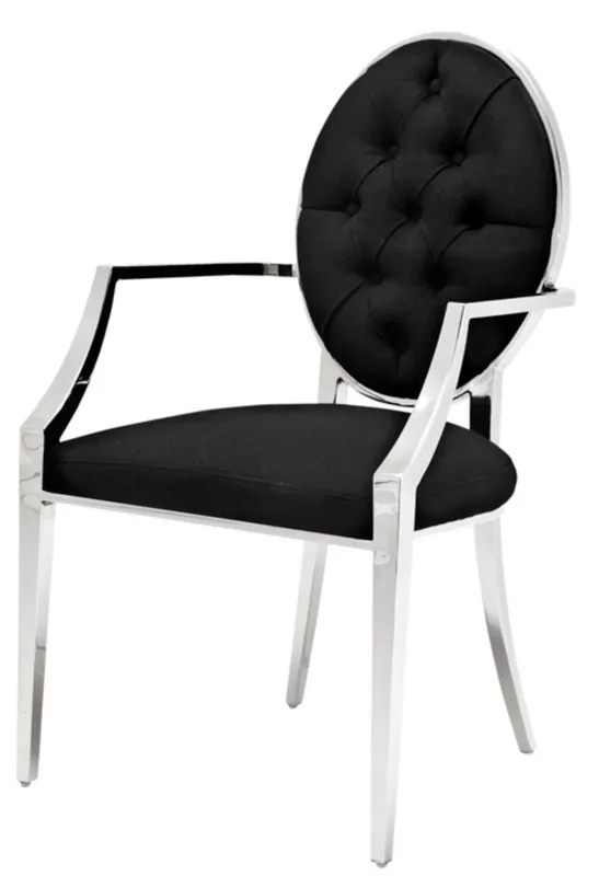 Casa Padrino Luxus Esszimmerstuhl mit Armlehnen Silber / Schwarz 57 x 65 x H. 98 cm - Esszimmermöbel Sonderaktion