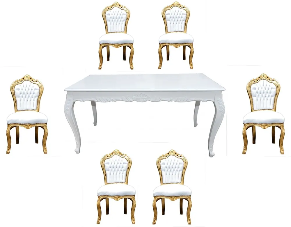 Casa Padrino Barock Esszimmer Set Weiß/Gold - Esstisch + 6 Stühle ohne Armlehnen Neuheit