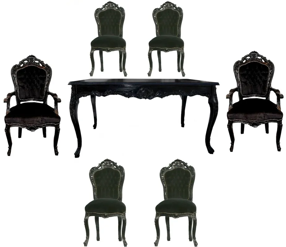 Expressversand Casa Padrino Barock Esszimmer Set Schwarz/Schwarz - Esstisch + 6 Stühle