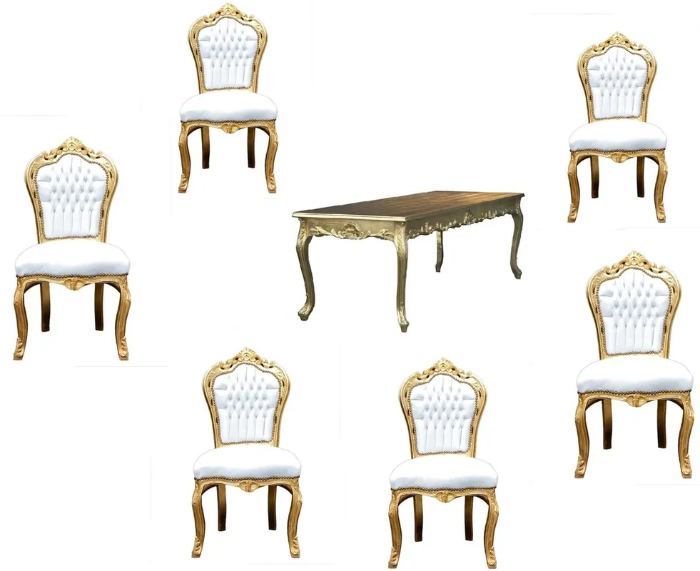 Neue Kollektion Casa Padrino Barock Esszimmer Set Gold/Weiss - Esstisch + 6 Stühle ohne Armlehnen