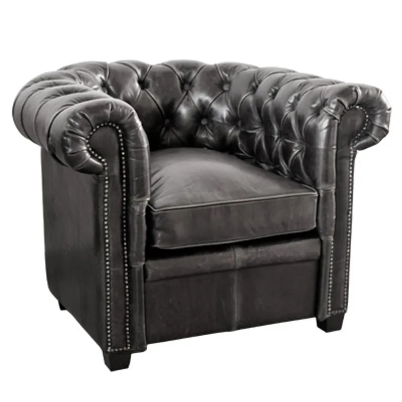 Casa Padrino Chesterfield Echtleder Sessel Schwarz aus Massivholz - Luxus Wohnzimmermöbel Abverkauf