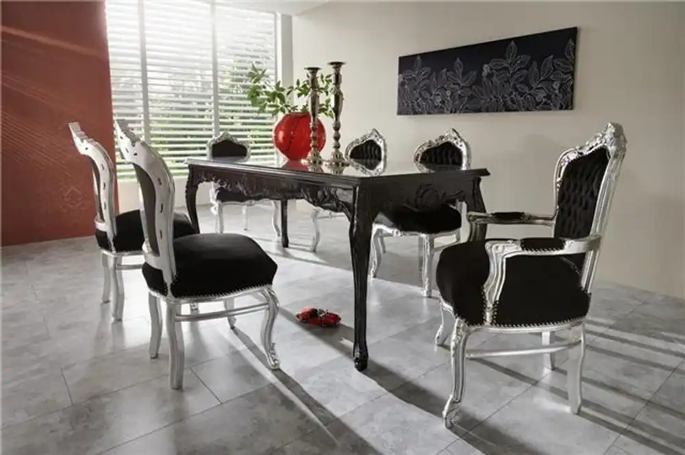 Neuheit Casa Padrino Barock Esszimmer Set Schwarz/Silber - Esstisch + 6 Stühle