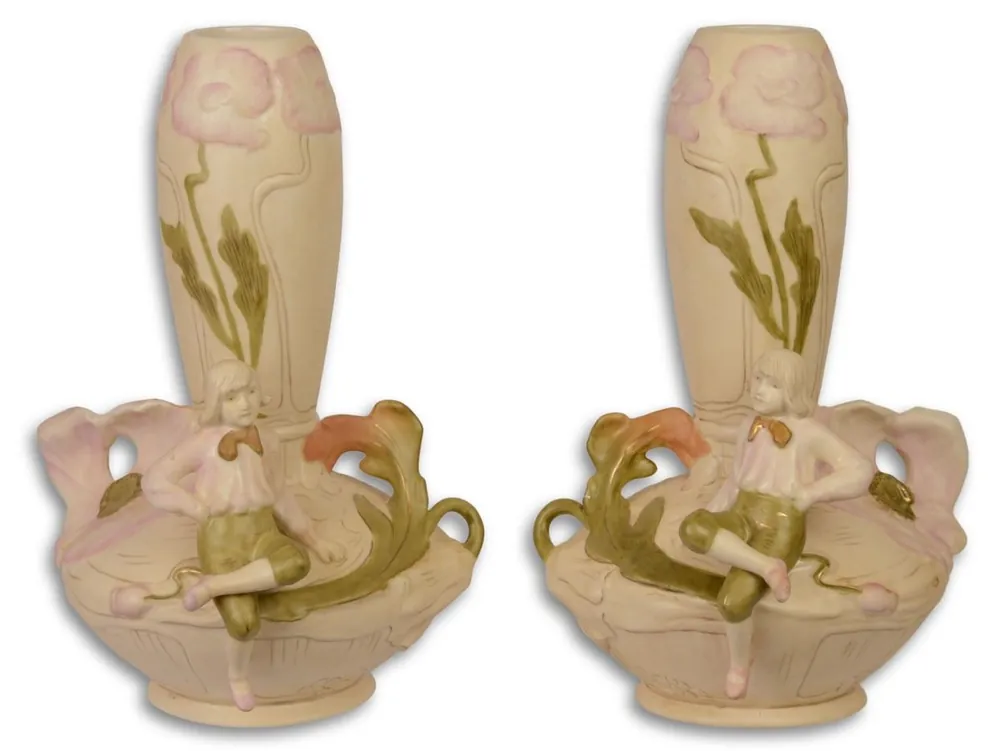 Casa Padrino Jugendstil Porzellan Blumenvasen Set Beige / Mehrfarbig 17,5 x 17 x H. 25,8 cm - Deko Vasen Neu