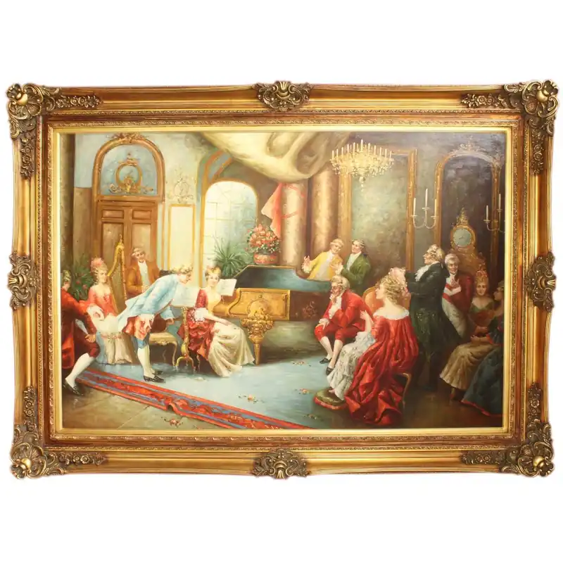 Kracherpreis Riesiges Handgemaltes Barock Öl Gemälde Abend mit Klassischer Musik Gold Prunk Rahmen 225 x 165 x 10 cm - Massives Material