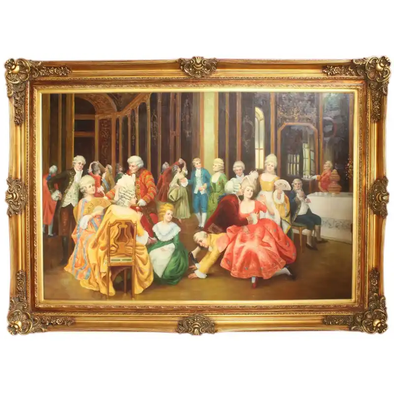 Top-Preis Riesiges Handgemaltes Barock Öl Gemälde Unterhaltungsabend Gold Prunk Rahmen 225 x 165 x 10 cm - Massives Material