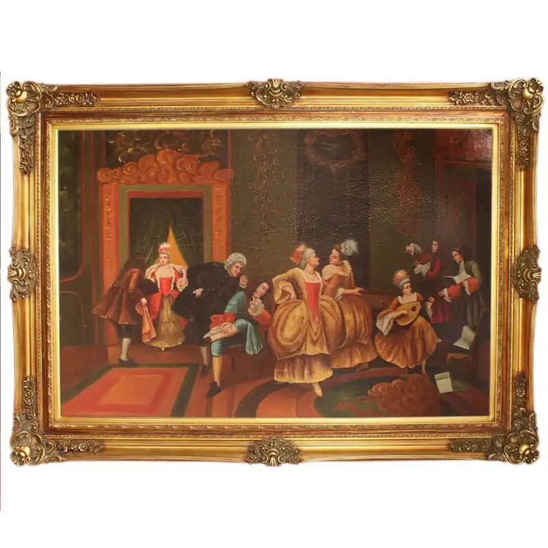 Expressversand Riesiges Handgemaltes Barock Öl Gemälde Unterhaltungsabend Mod.2 Gold Prunk Rahmen 225 x 165 x 10 cm - Massives Material