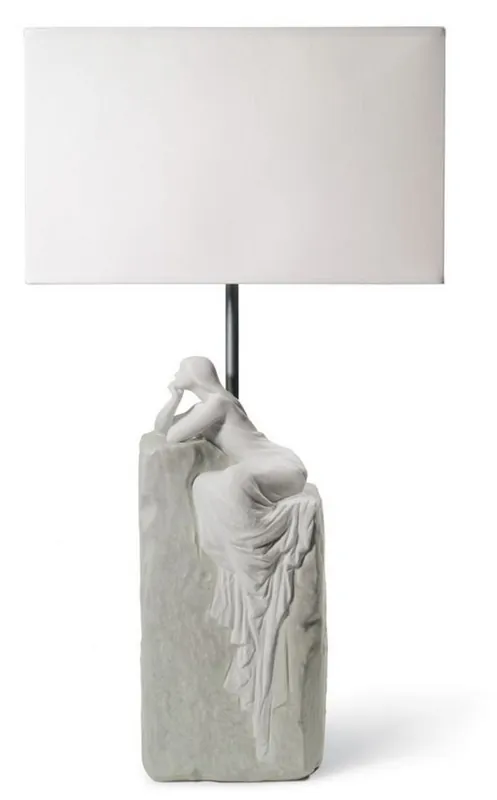 Sale Casa Padrino Luxus Tischleuchte Grau / Weiß 30 x 20 x H. 57 cm - Designer Tischlampe mit hangefertigter Porzellan Skulptur einer meditierender Frau Mod2