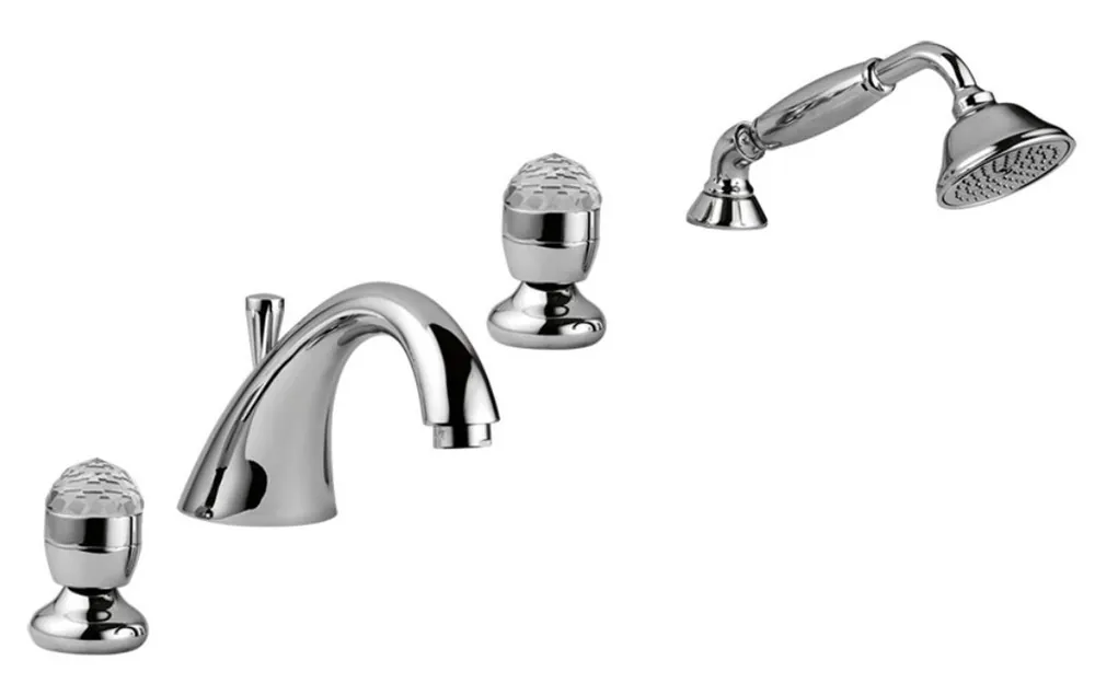 Luxus Badewannen Armaturen Set 4-Loch Kombination Silber - Badezimmer Badewannenarmaturen mit Swarovski Kristallglas Schnäppchen