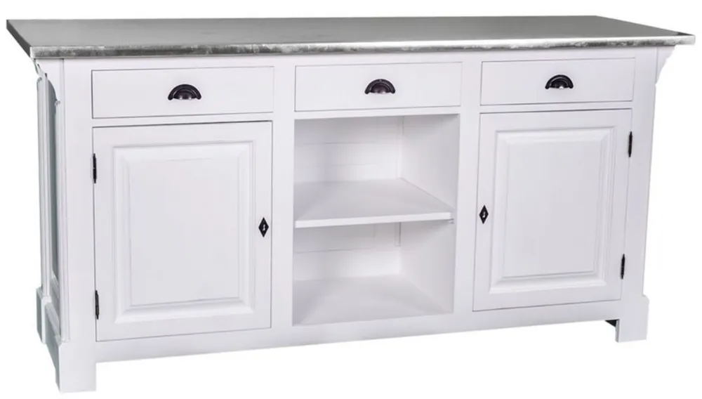 Top-Preis Casa Padrino Landhausstil Theke Weiß / Silber 191 x 68 x H. 95 cm - Massivholz Thekentisch mit verzinkter Tischplatte