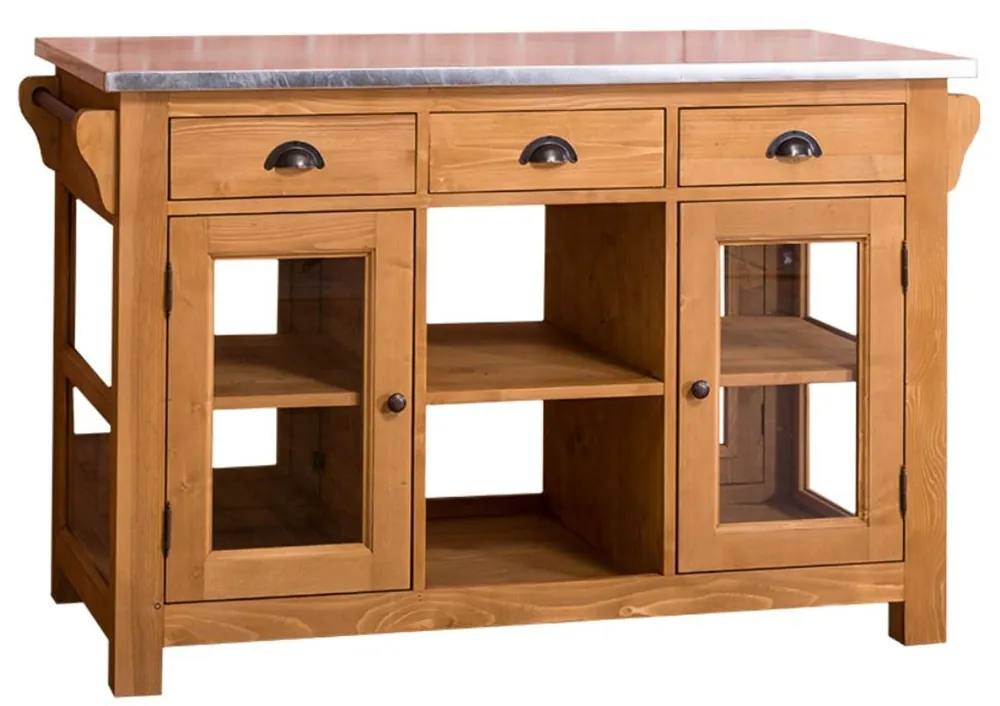 Casa Padrino Landhausstil Kücheninsel mit zerzinkter Arbeitsplatte Naturfarben / Silber 135 x 65 x H. 90 cm - Landhausstil Küchenschrank mit 4 Glastüren und 6 Schubladen Meistverkauft
