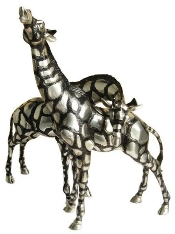 Casa Padrino Giraffen Bronzefiguren Set Silber / Schwarz 40 x 9 x H. 52 cm - Luxus Qualität Solange Der Vorrat Reicht