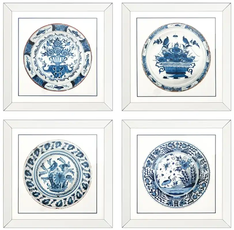 Casa Padrino Bilder / Kunstdruck 4er Set Antike Chinesische Porzellan Teller Weiß / Blau 80 x H. 80 cm - Luxus Wanddekoration Highlight