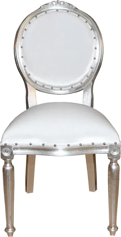 Casa Padrino Barock Medaillon Luxus Esszimmer Stuhl ohne Armlehnen in Weiss / Silber - Limited Edition Letzte Chance