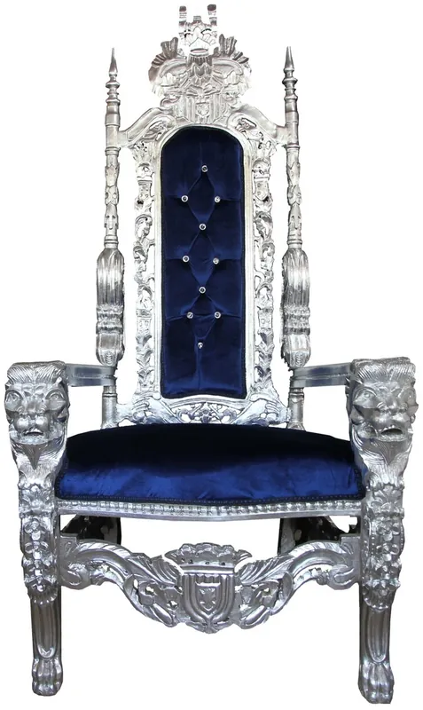 Casa Padrino Barock Thron Sessel Silber / Blau mit Bling Bling Glitzersteinen Königssessel - Hochzeitssessel - Riesensessel Garantierte Lieferung