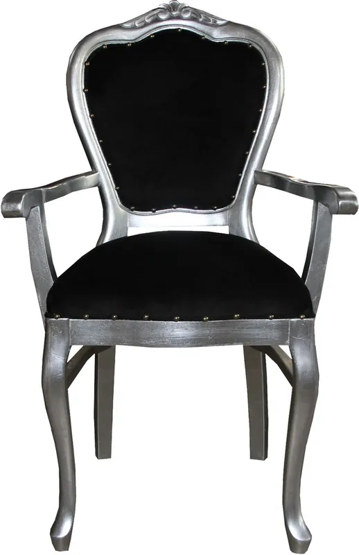 Schneller Versand Casa Padrino Barock Luxus Esszimmer Stuhl mit Armlehnen Schwarz / Silber - Möbel - Limited Edition