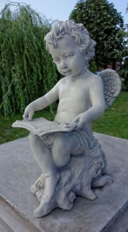 Casa Padrino Jugendstil Skulptur Engel mit Buch Grau 18 x H. 40 cm - Garten Deko Figur Neue Kollektion