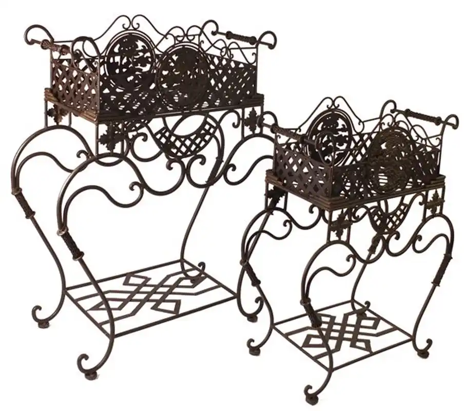 Casa Padrino Jugendstil Pflanzentopfständer Set aus Metall Rostfarben - Blumentopfständer - Blumenständer Barock Abverkauf