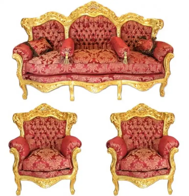 Casa Padrino Barock Wohnzimmer Set Bordeaux Muster / Gold - 3er Sofa + 2 Sessel Neuheit