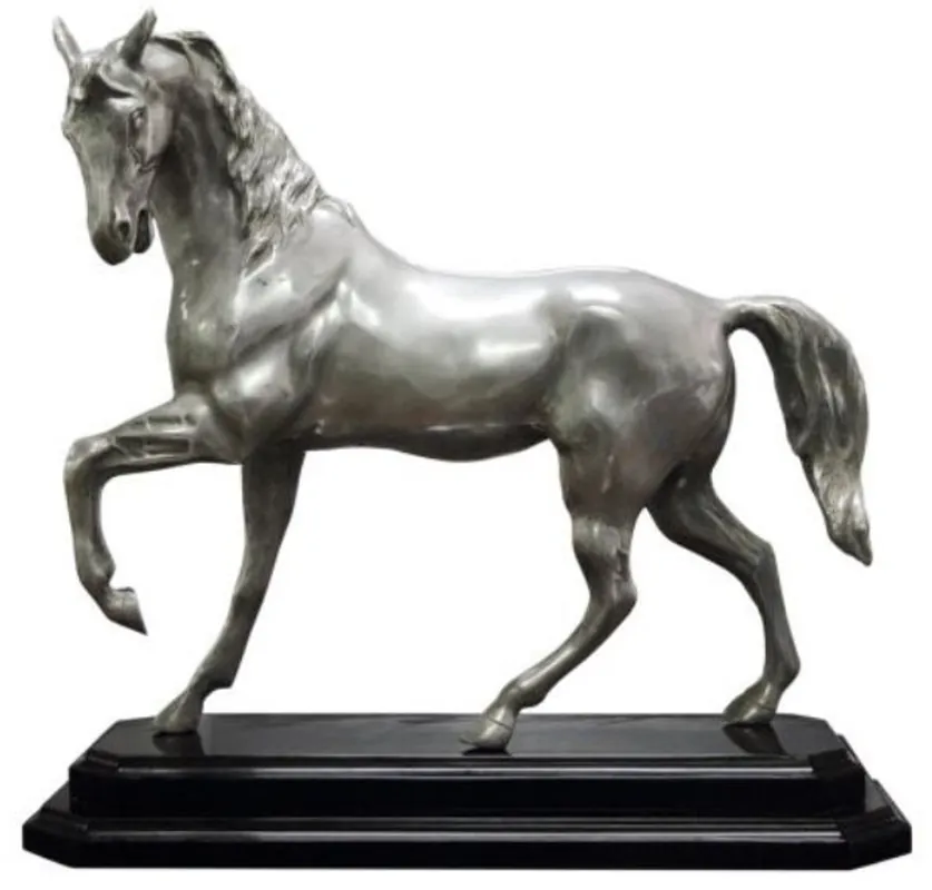 Casa Padrino Luxus Bronzefigur Pferd mit Holzsockel Silber / Schwarz 42 x 17 x H. 40 cm - Versilberte Deko Figur Highlight