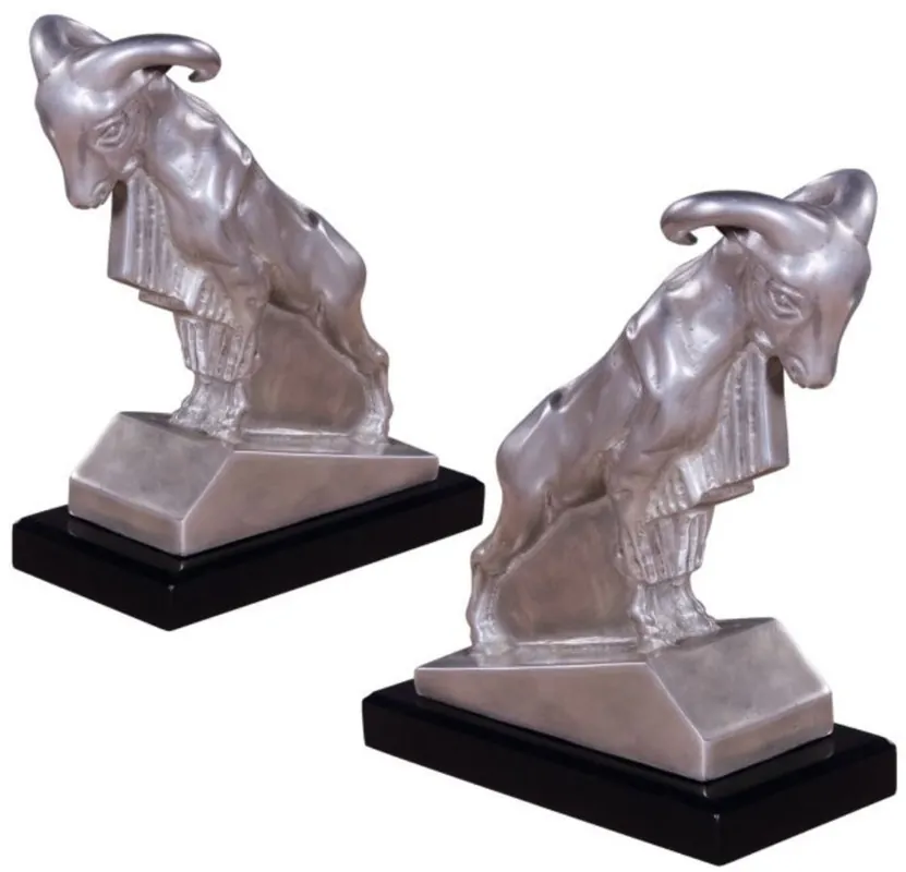 Casa Padrino Luxus Buchstützen Set Widder Silber / Schwarz 17 x 8 x H. 20 cm - Versilberte Deko Bronzefiguren mit Mahagoni Holzsockel Direkt Vom Hersteller