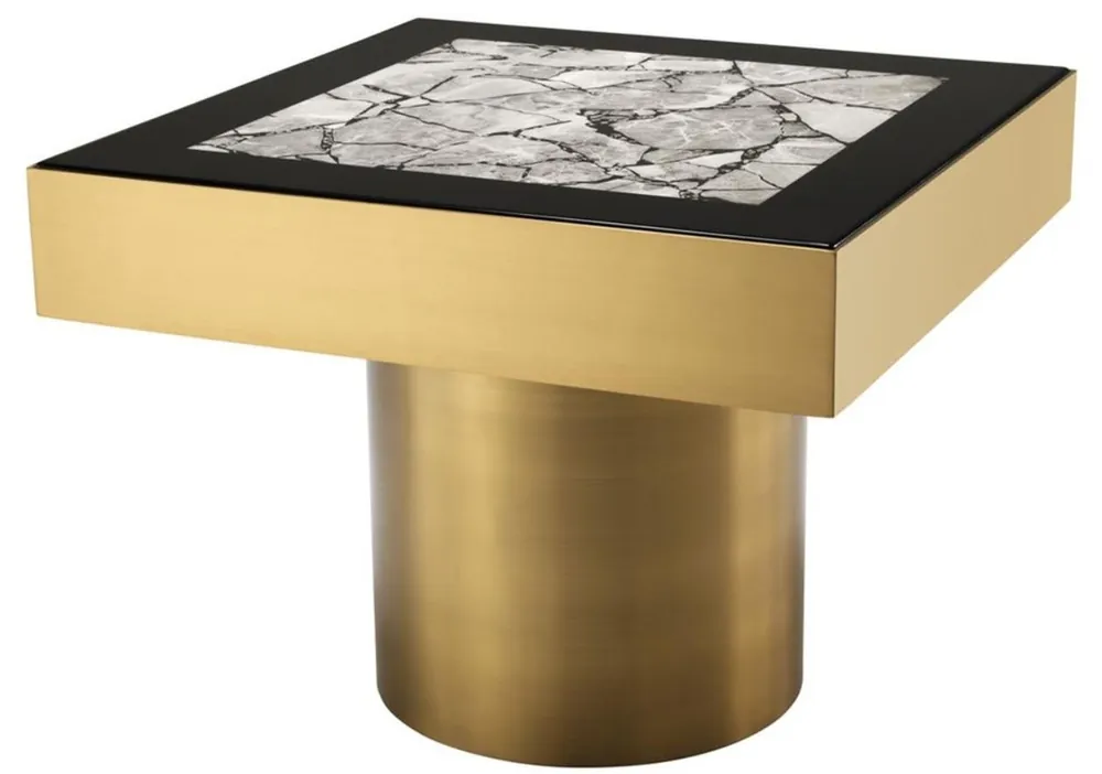 Casa Padrino Luxus Edelstahl Beistelltisch mit Kunstmarmorplatte Messingfarben / Hochglanzschwarz / Grau 65 x 65 x H. 50 cm - Designer Wohnzimmermöbel Zertifiziert