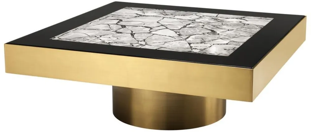Casa Padrino Luxus Edelstahl Couchtisch mit Kunstmarmorplatte Messingfarben / Hochglanzschwarz / Grau 100 x 100 x H. 38 cm - Designer Wohnzimmermöbel Rabatt