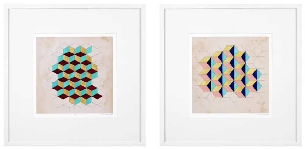 Casa Padrino Luxus Deko Bilder Set Geometrische Muster Mehrfarbig / Weiß 85 x H. 85 cm - Kunstdrucke mit Holzrahmen Bestseller